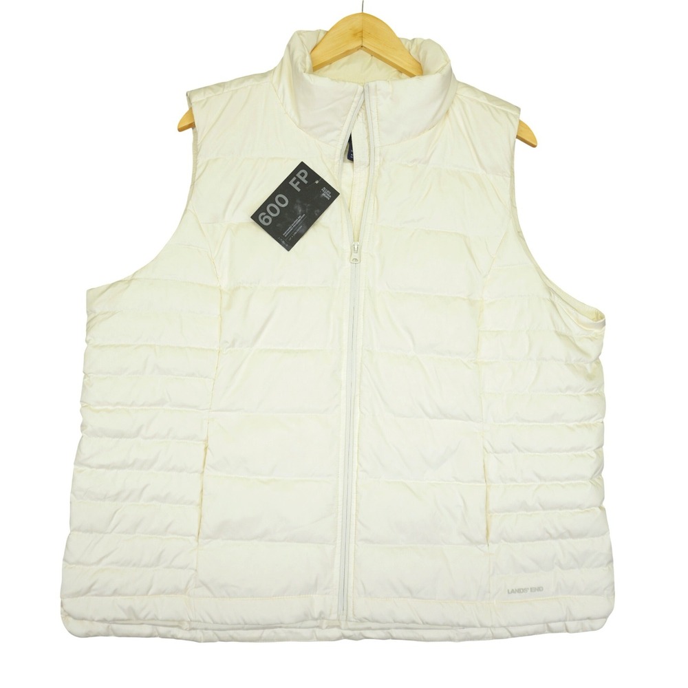 Lands End Puffer Vest Women 1X Ivory White 600 Fill Down Quilted Skiing Winter